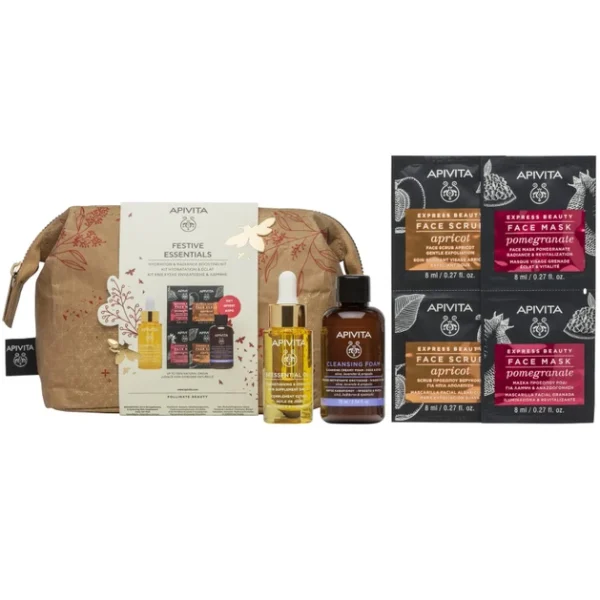 Apivita Promo Festive Essentials Strengthening & Hydrating Skin Supplement Day Oil 15Ml & Δώρο Face, Eyes Cleansing Foam 75Ml & Face Mask Pomegranate 2X8Ml & Face Scrub Apricot 2X8Ml