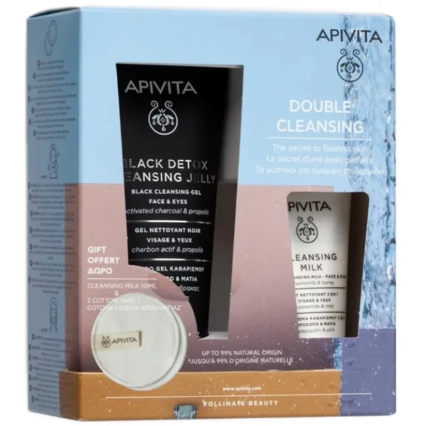 Apivita Promo Double Cleansing Με Black Detox Gel Καθαρισμού Για Πρόσωπο & Μάτια, 150Ml & Δώρο Γαλάκτωμα Καθαρισμού Για Πρόσωπο & Μάτια, 50Ml & 2 Δίσκοι Ντεμακιγιάζ, 1Σετ