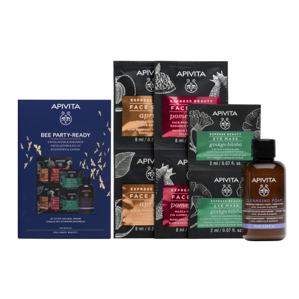 Apivita Set Bee Party-Ready Express Face Scrub Apricot 2x8ml + Express Face Mask Pomegranate Μάσκα Προσώπου Ρόδι για Λάμψη & Αναζωογόνηση 2x8ml + Express Eye Mask Μάσκα Ματιών Ginkgo Biloba για Μαύρους Κύκλους και Σημάδια Κούρασης 2x2ml + Cleancing Creamy