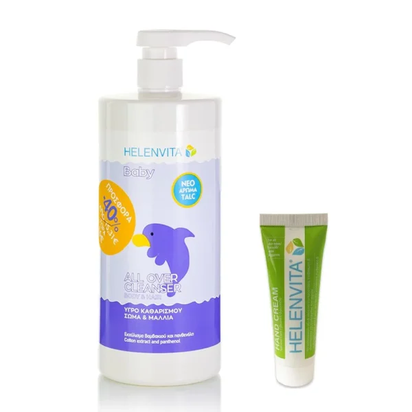 Helenvita Promo (-40%) Baby All Over Cleanser Talc Βρεφικό Υγρό Καθαρισμού Με Άρωμα Ταλκ, 1Lt & Δώρο Κρέμα Χεριών, 25Ml, 1Σετ